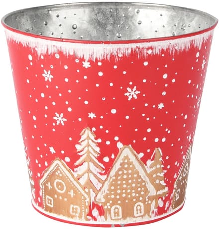 Dekoratief | Bloempot m/huizen/bomen, rood/goud, metaal, 16x16x14cm | A255905
