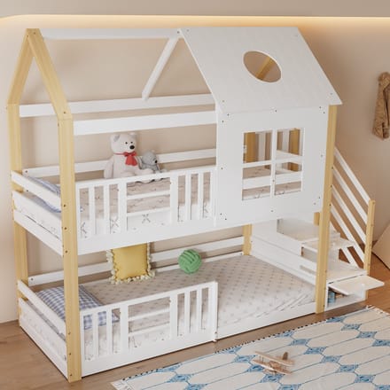Sweiko Stapelbed - 90x200 cm - Met opbergtrap - Den + MDF - Wit + Natuurlijk