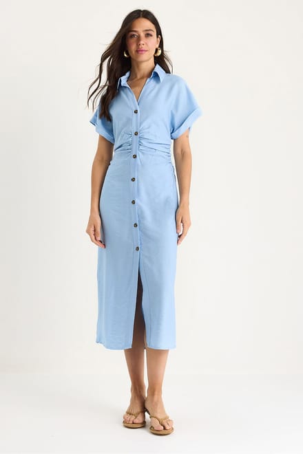 V-hals Midi Jurk met Knopsluiting