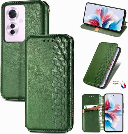Luxe PU Lederen Ruitpatroon Wallet Case + Glas Screenprotector voor OPPO Reno11 F 5G _ Groen