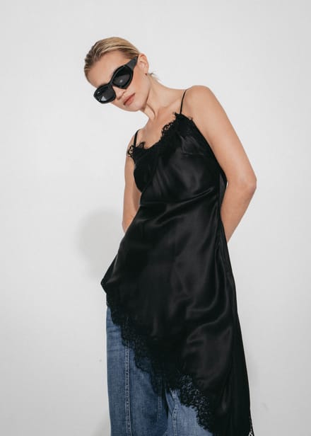 Zenia silk top whit lace trim | Black - Black / M