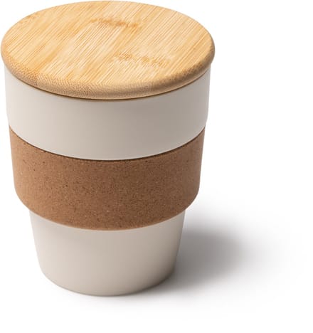 2 stuks beige PP beker 350 ml met kurkband en bamboe deksel model Lovren
