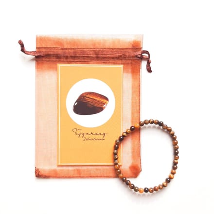 Edelsteen armband in zakje ''tijgeroog'' zelfvertrouwen, 6mm kralen, elastisch, cadeautje