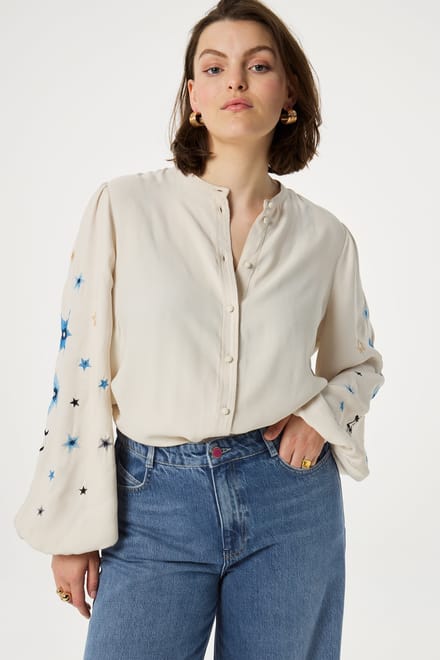 Fabienne Chapot Harry Blouse Warm White/blue Maat: 42 | Longsleeves Outlet | Dames | Blauw