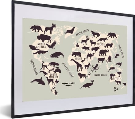Wereldkaart - Kinderen - Grijs - Schoolplaat - Kinderkamer - 60x40 cm