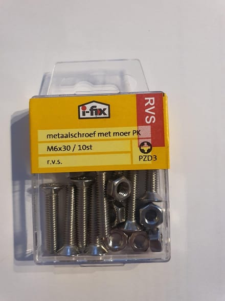 Tapbout met Moer. M6 x 40mm. lang. RVS-A2. 6 stuks Bout met Moer. Ifix.