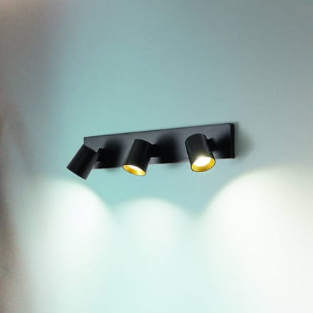 Fabas Luce Modo spot, 3-lamps, zwart, decoratieve ringen, GU10, aluminium