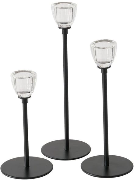 Boltze Home kandelaar set zwart metaal en glas 3-delig Ø7cm.