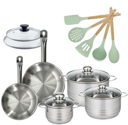 Set van 2 Pannen 20/24cm en 3 Kookpotten 16/20/24cm Fackelmann Etherna met 5 keukengerei