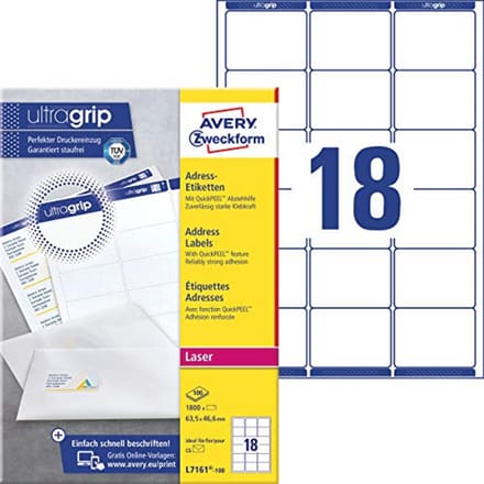 Adreslabels A4 met Ultragrip - Zelfklevend, 63,5 x 46,6 mm, 1800 Stuks