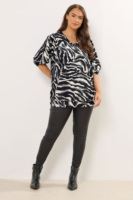 Yours Zwarte Top Met Zebraprint En Ballonmouwen Size 48