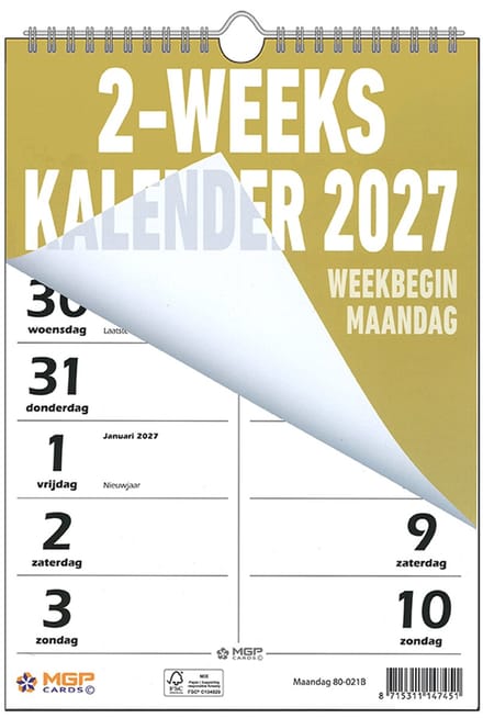 MGPcards - 2-Weeks kalender 2027 - 2 weken 1 pagina - Wire O - Weekbegin maandag - Oker - 21 x 30 cm