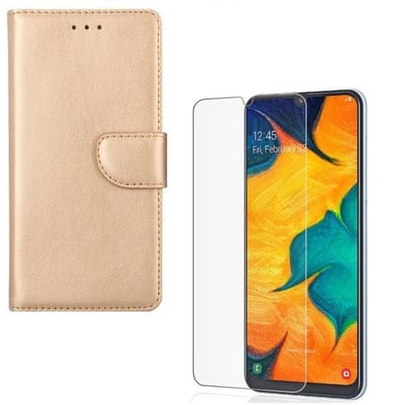 hoesje Geschikt voor: Samsung Galaxy A60 Portemonnee Goud met 2 stuks Glas Screen protector