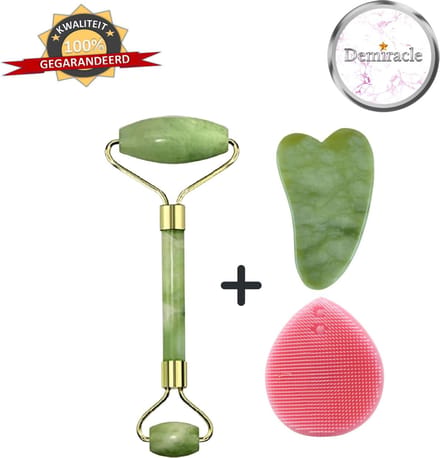 Demiracle Jade Face Roller met Gua Sha Schraper en Roze Siliconen Gezichtsborstel - Gezichtsroller - Massage Roller - Jade Roller - Rimpelverwijdering - Ontspanning