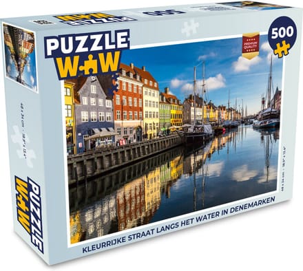 Puzzel Kleurrijke straat langs het water in Denemarken - Legpuzzel - Puzzel 500 stukjes