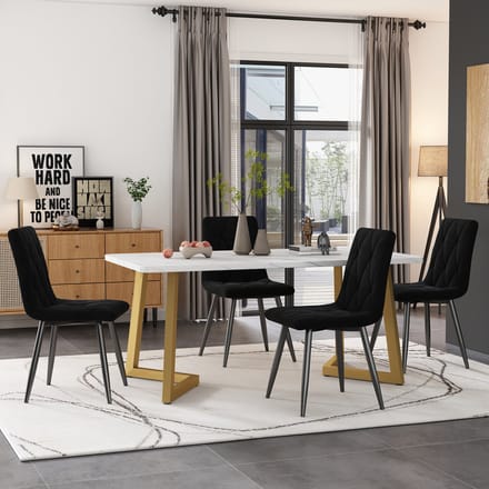 REDOM - Eethoekset - Rechthoekige Tafel Met 4 Stoelen - Marmerlook - Modern - MDF En Metaal