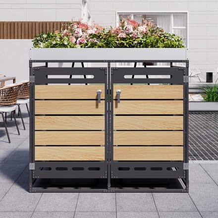 REDOM Afvalbakberging - Met Plantenbak - 2 Vakken - Geventileerd - Tuin - IJzer - Zwart