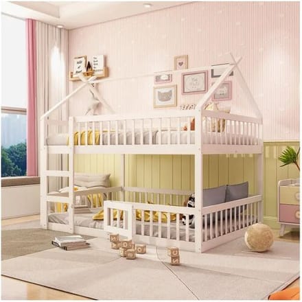 Merax Stapelbedden 2 x 140 x 200 cm met deur en barrières - MDF hout - Lattenbodem - Wit