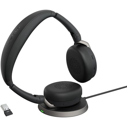 Jabra Evolve2 65 Flex Link380a UC + Ladepad On Ear headset Bluetooth Stereo Zwart Noise Cancelling Headset, Microfoon uitschakelbaar (mute),