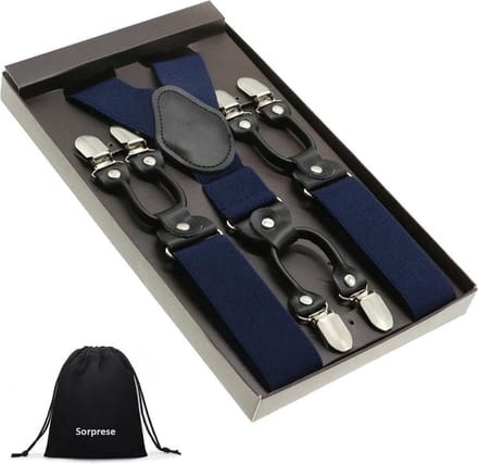 Luxe chique - heren bretels - donkerblauw effen - zwart leer - 6 extra stevige clips