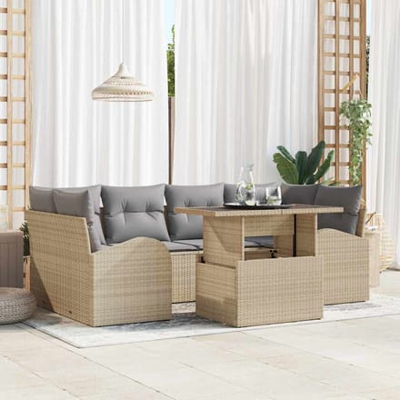 vidaXL Tuinbank Set met kussen met opslag 7 pcs Beige Poly Riet