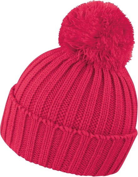 Grof gebreide winter muts roze/rood voor volwassenen - Warme muts framboosrood met pompon