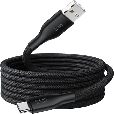 Usb C kabel - 3 meter - Usb A naar usb C - Geschikt voor android smartphone en tablet - Oplaadkabel - Datakabel - Lang - Stevig - Nylon - Zwart