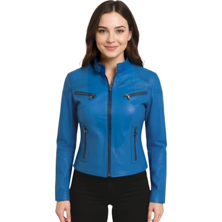 Dames blauw casual slim-fit leren bikerjack - Tulsa