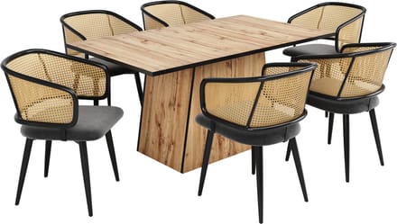 Serie Noor - 6 Stuks Eetkamerstoelen - Fluwelen Zitting & Rotan Rugleuning - Modern Design & Multifunctioneel
