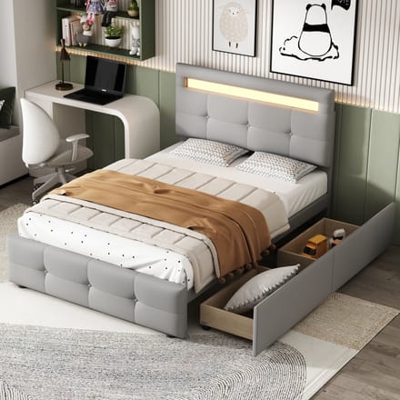 PHOEBE CAT Kinderbed - 90 x 200 cm - LED-verlichting - 2 lades - Linnen - Gestoffeerd bed - Grijs