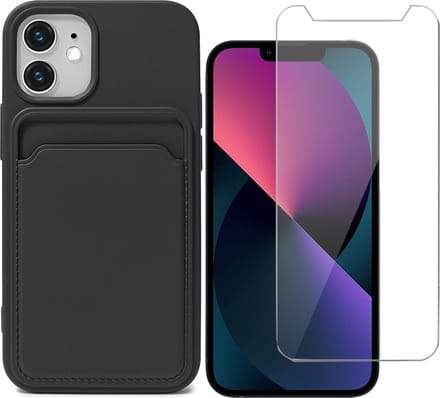 Hoesje geschikt voor iPhone 12 Mini Pasjeshouder Zwart - Siliconen Case Back Cover + Screenprotector Glas
