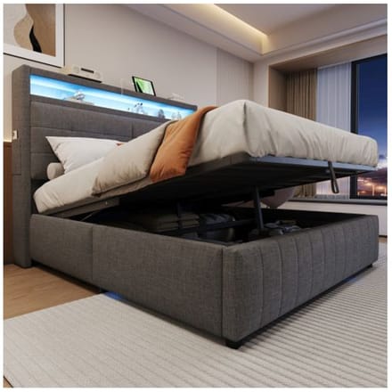 Lit capitonné 160x200 cm - MUVOE - Tête de lit avec éclairage LED - Prise USB - Rangement intégré gris