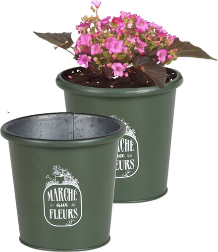 Sunnydays /plantenpot/bloempot - 2x - zink - legergroen - D14 x H13 cm