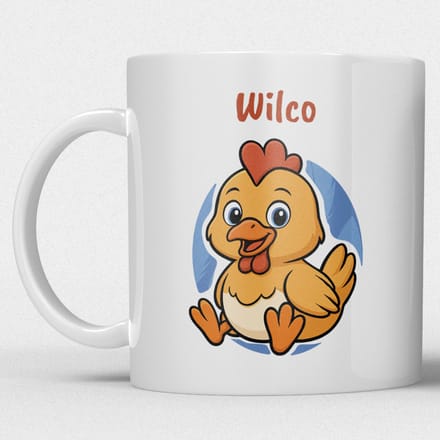 kindermok/kinderbeker | gepersonaliseerd met naam | met kip | wit| Schattige illustraties