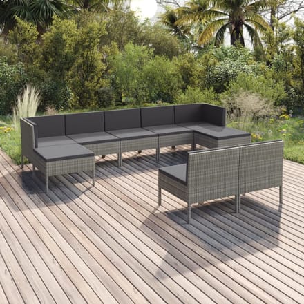 vidaXL - 9-delige - Loungeset - met - kussens - poly - rattan - grijs