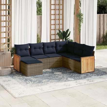 vidaXL - 7-delige - tuinbankset - met - kussens, - grijs - polyrotan