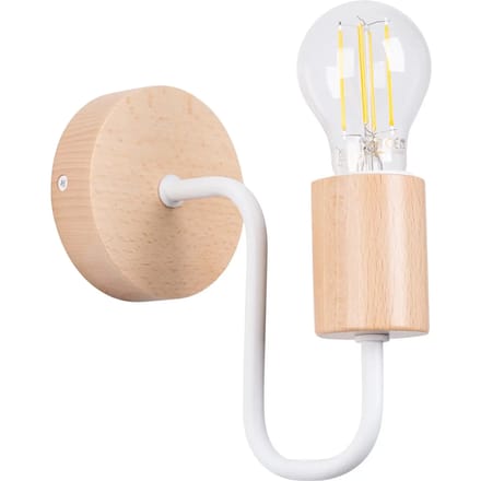Wandlamp TIMBO van staal met houten accent - Sollux Lighting - IP20 - Wit/natuurlijk hout staal/hout behuizing - 8 x 19 x 18.5 cm - 1 x E27 LED, exclusief lichtbron - Max. 15 W - Industriële wandlamp voor gang, hal en keuken