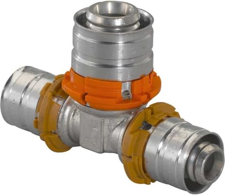 Uponor S-Press Plus verloop T-stuk 90� - pers x pers x pers - 25mm x 20mm x 16mm - messing - Kiwa