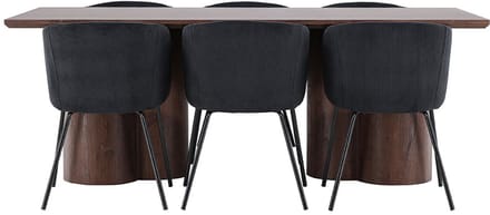 Olivia eethoek tafel 100x210cm en 6 fluwelen stoelen met armleuningen mocca.