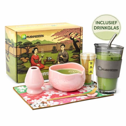 Haussgoods Matcha Set – 7-Delige Matcha Thee Set – Bamboe Klopper & Kom – Japanse Matcha Kit – Roze