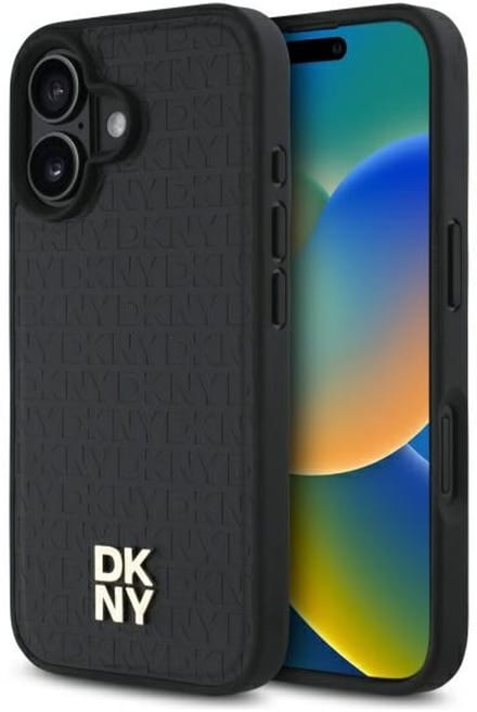 DKNY – Backcover iPhone 16 – PU Leather Repeat Pattern Stack Logo – MagSafe – Zwart