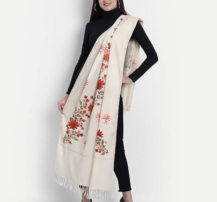 N3 Collecties Kashmiri Dames geborduurde wollen sjaal/stola (Gebroken wit)