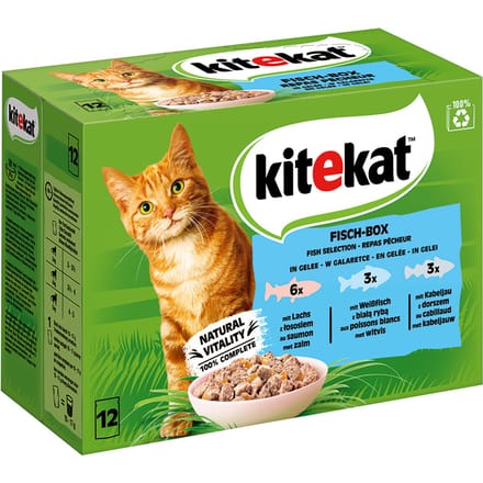 48x85g Maaltijdzakjes Vis Box in Gelei Kitekat Kattenvoer