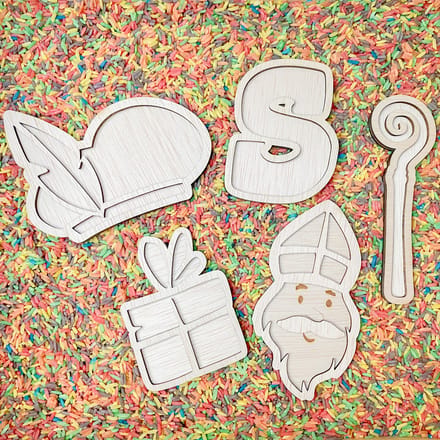 Villa Hip Sinterklaas vulvormen set - 5 Stuks - Hout - Sensorisch speelgoed l Open einde l Speeltray - Sint, piet, staf, chocoladeletter, cadeau