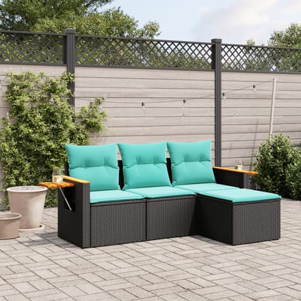 vidaXL - 4-delige - Loungeset - met - kussens - poly - rattan - zwart