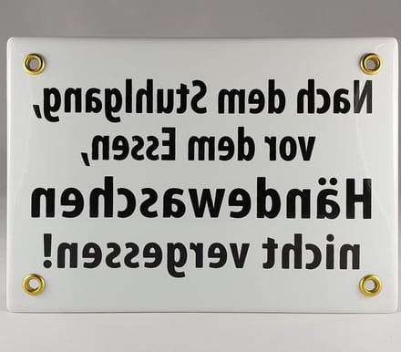 Emaille Bord - Handwerk Decoratie - Hygiëne Herinnering - Heet Gebrand - 17x12cm - Wit