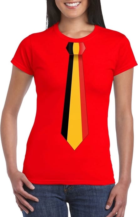 Rood t-shirt met Belgie vlag stropdas dames - Belgie supporter M