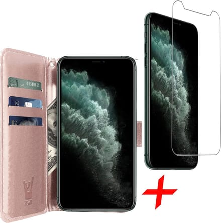 Hoesje geschikt voor iPhone 11 Pro - Screen Protector GlassGuard - Book Case Kunstleer Pasjeshouder Rosegoud & Screenprotector