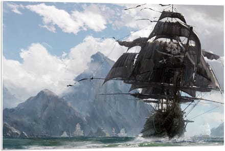 Forex - Geschilderd Schip met Bergen - 90x60cm Foto op Forex