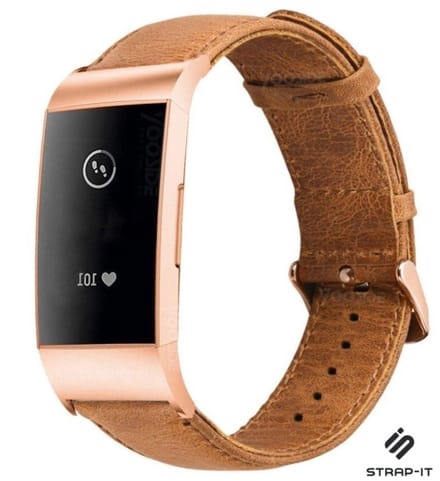 Strap-it Leren bandje - geschikt voor Fitbit Charge 3 / Fitbit Charge 4 - bruin met rosé gesp